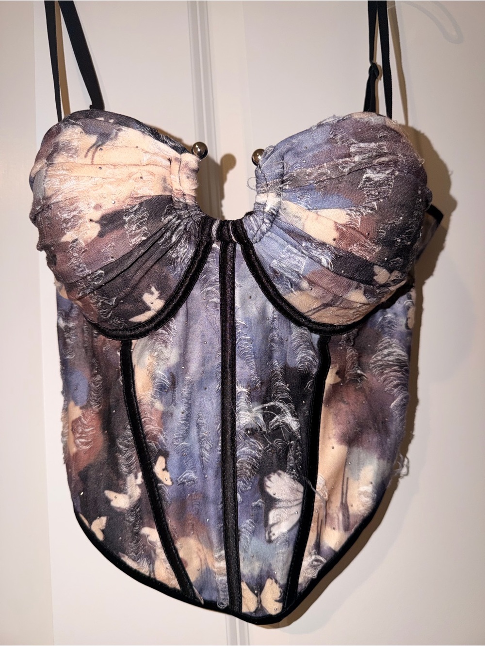 Marble-Print Bustier Bodysuit in Blue, Purple & Cream - Unbranded